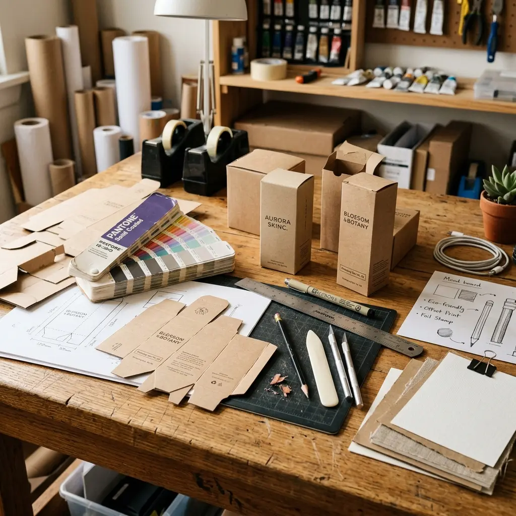 Packaging designer workbench with prototype templates, paper samples, and color swatches