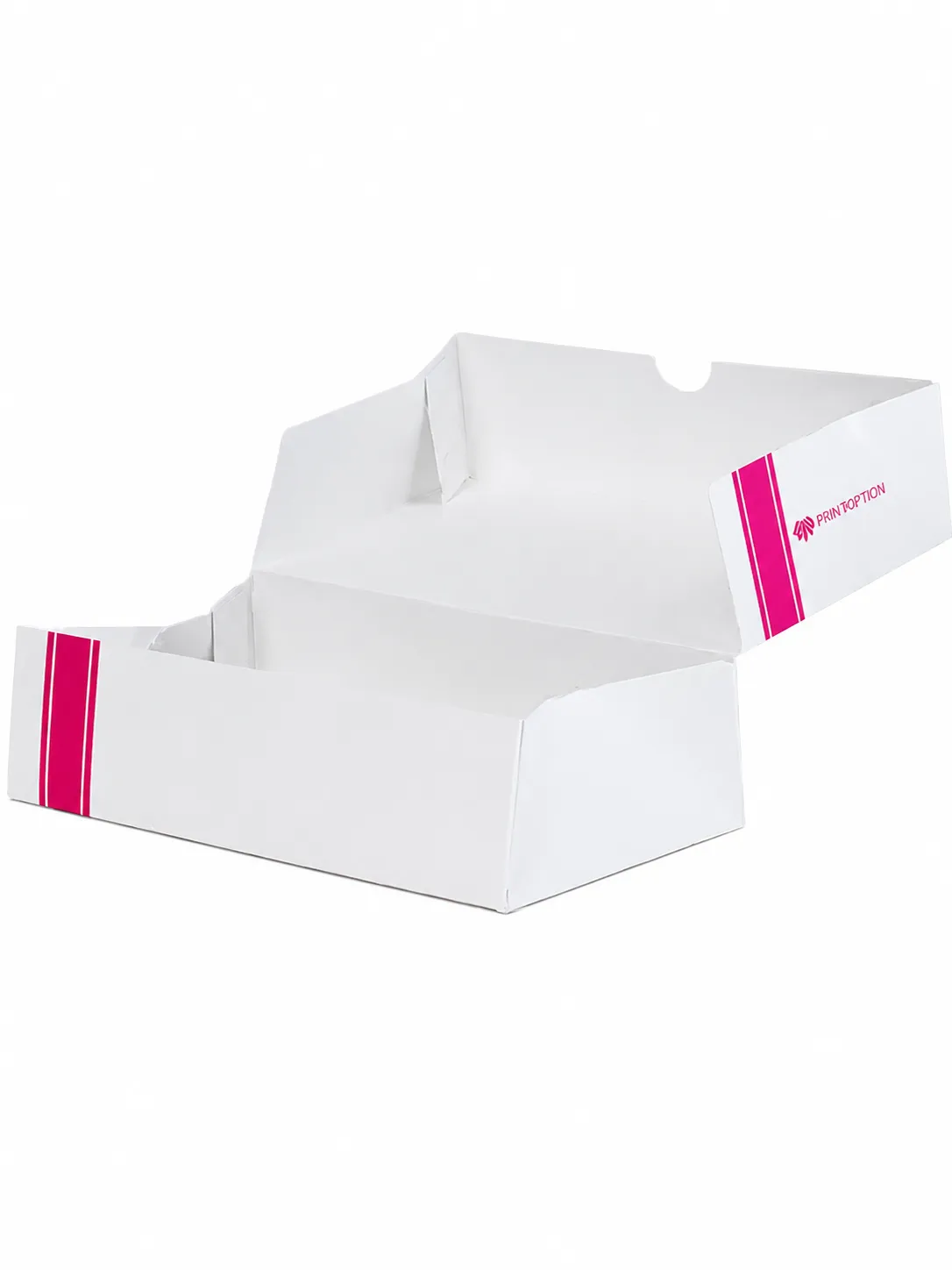 Open pastry paper boxes with pink accent