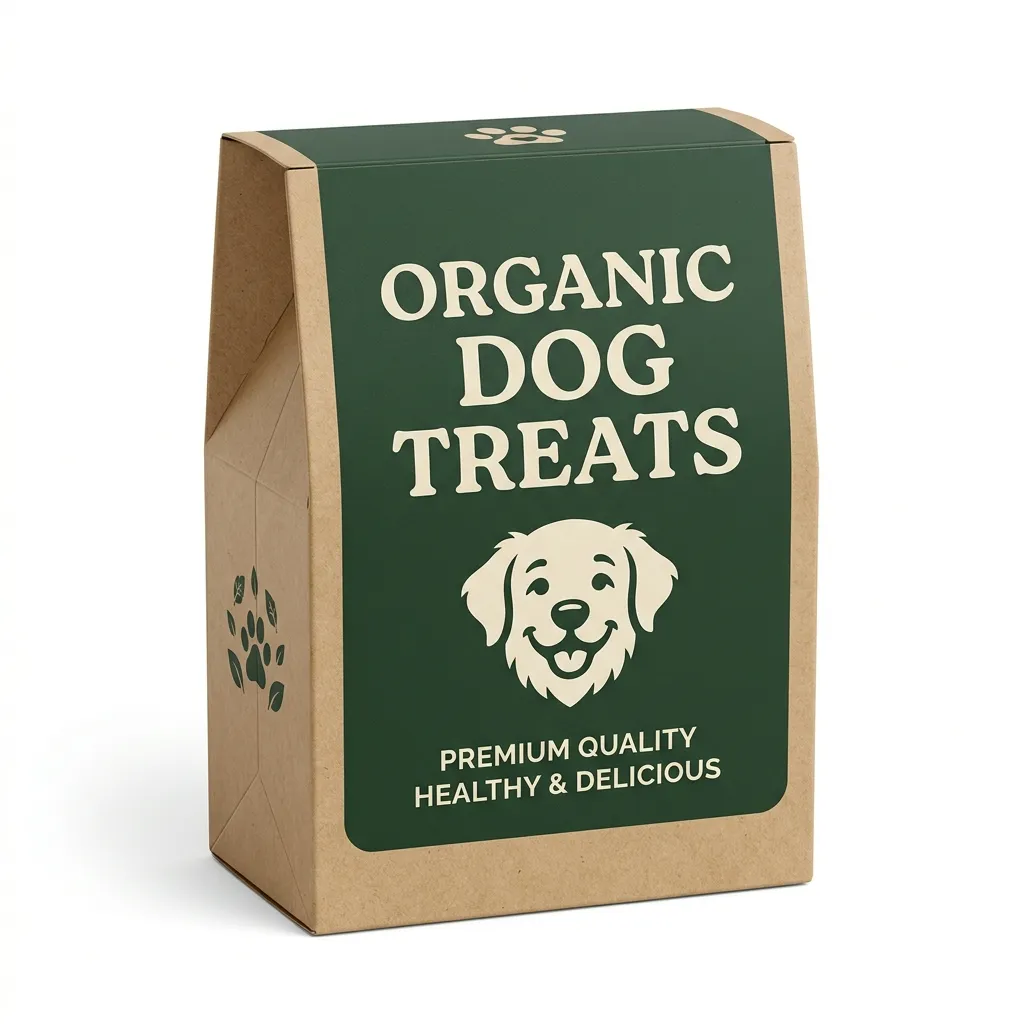 Organic dog treats cardboard box packaging with dog illustration