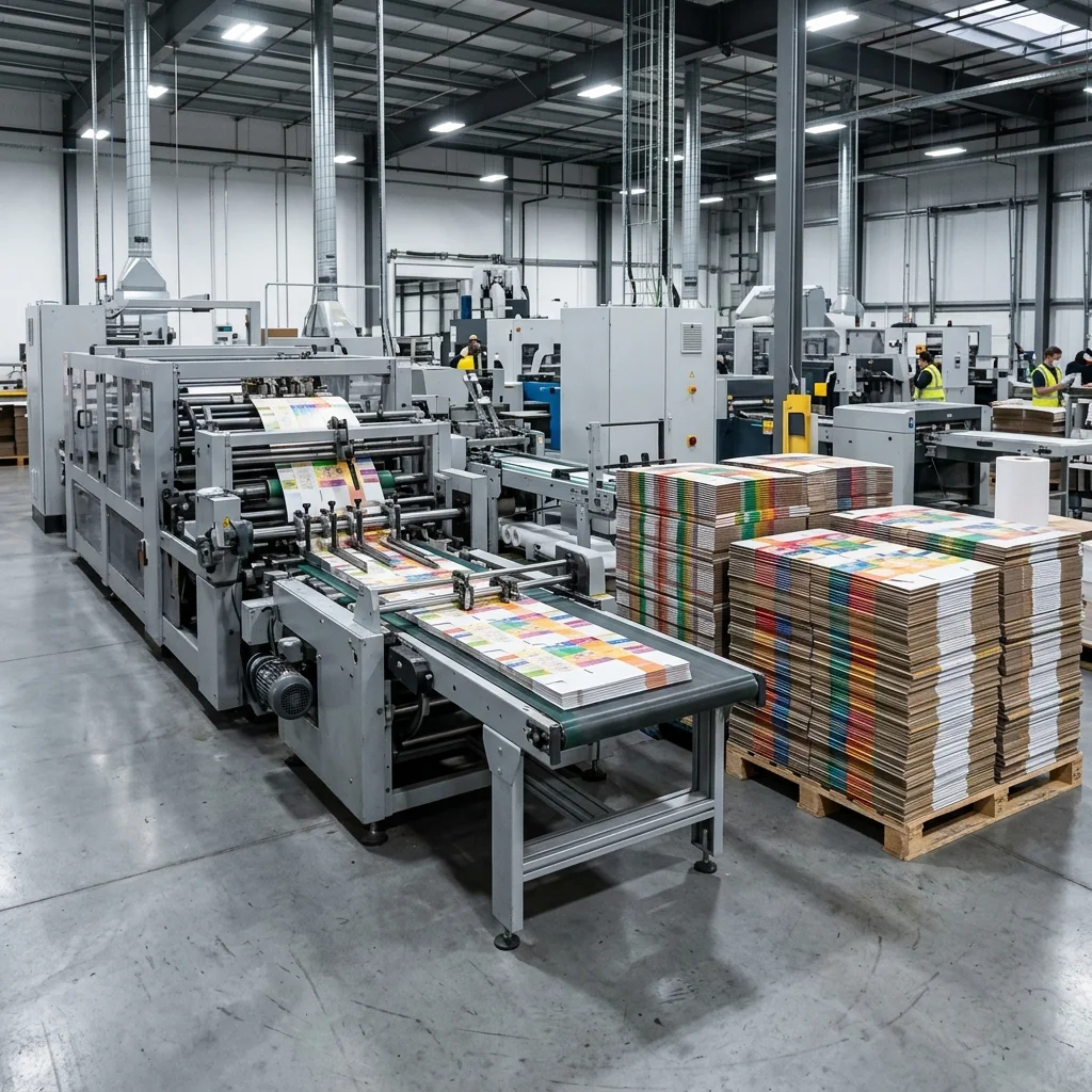 Modern custom box manufacturing facility with stacks of cardboard packages