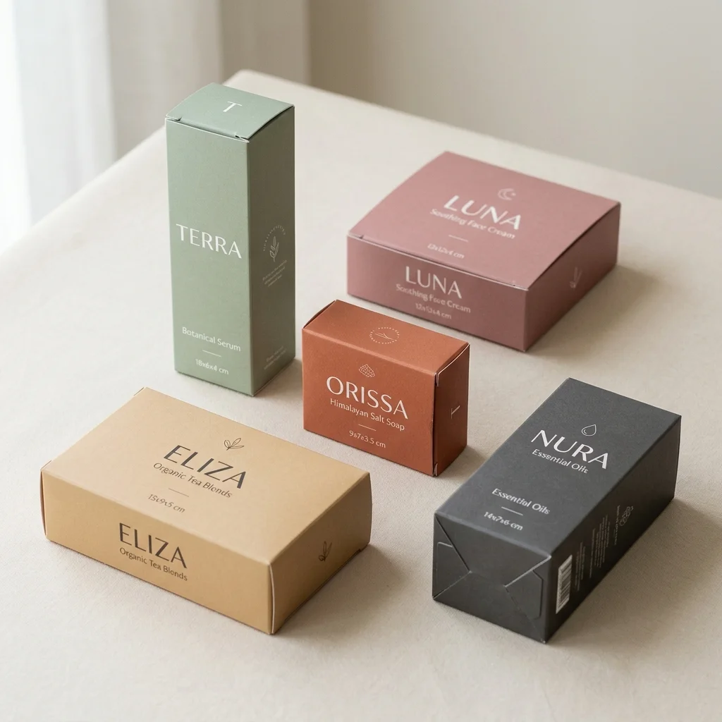 Vibrant display of custom printed folding carton paperboard boxes in various shapes, sizes, and colors